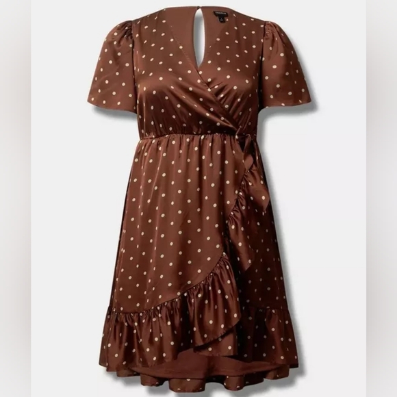 Torrid Brown Polka Dot Mini Faux Wrap Dress - Picture 1 of 16